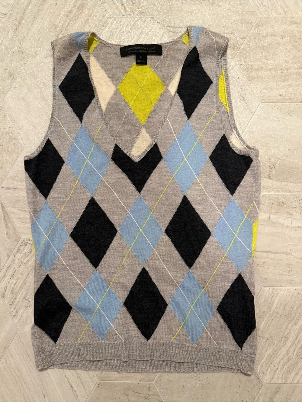 Express Gray Argyle V-Neck Sweater Vest with Blue & Lime Yellow Accents